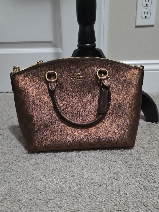 Coach Handbags - Coach Sadie Satchel Crossbody Bag in Metallic Signature Coated Canvas